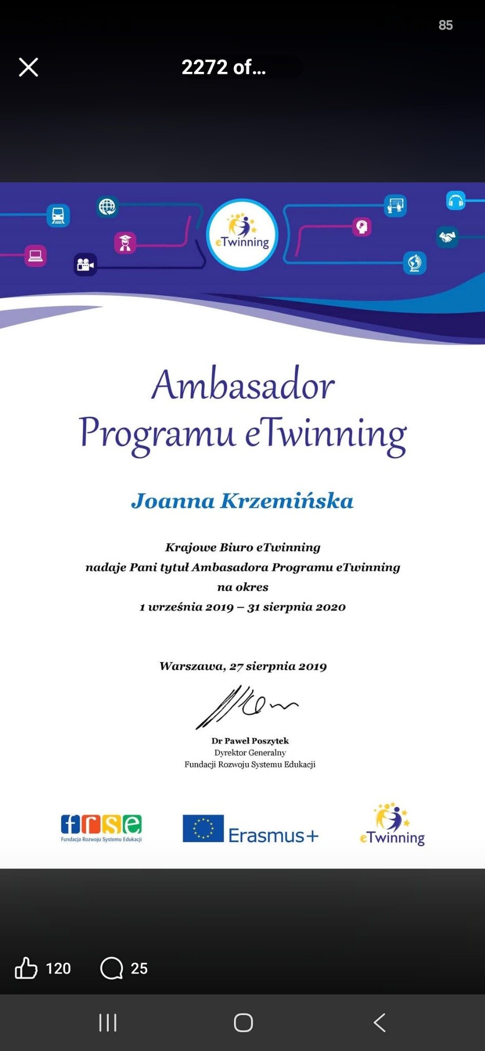 Certyfikat Ambasadorki Programu eTwinning dla Joanny Krzemińskiej na rok 2019/2020