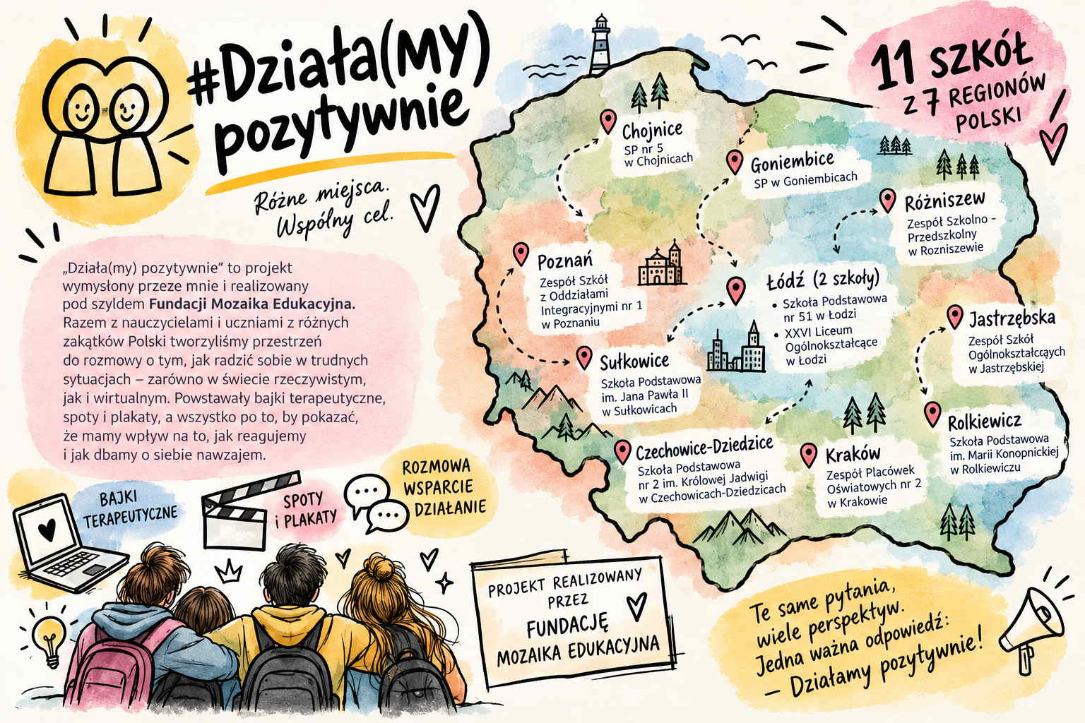Kontur Polski z zaznaczonymi szkołami uczestniczącymi w projekcie Działa(my) pozytywnie