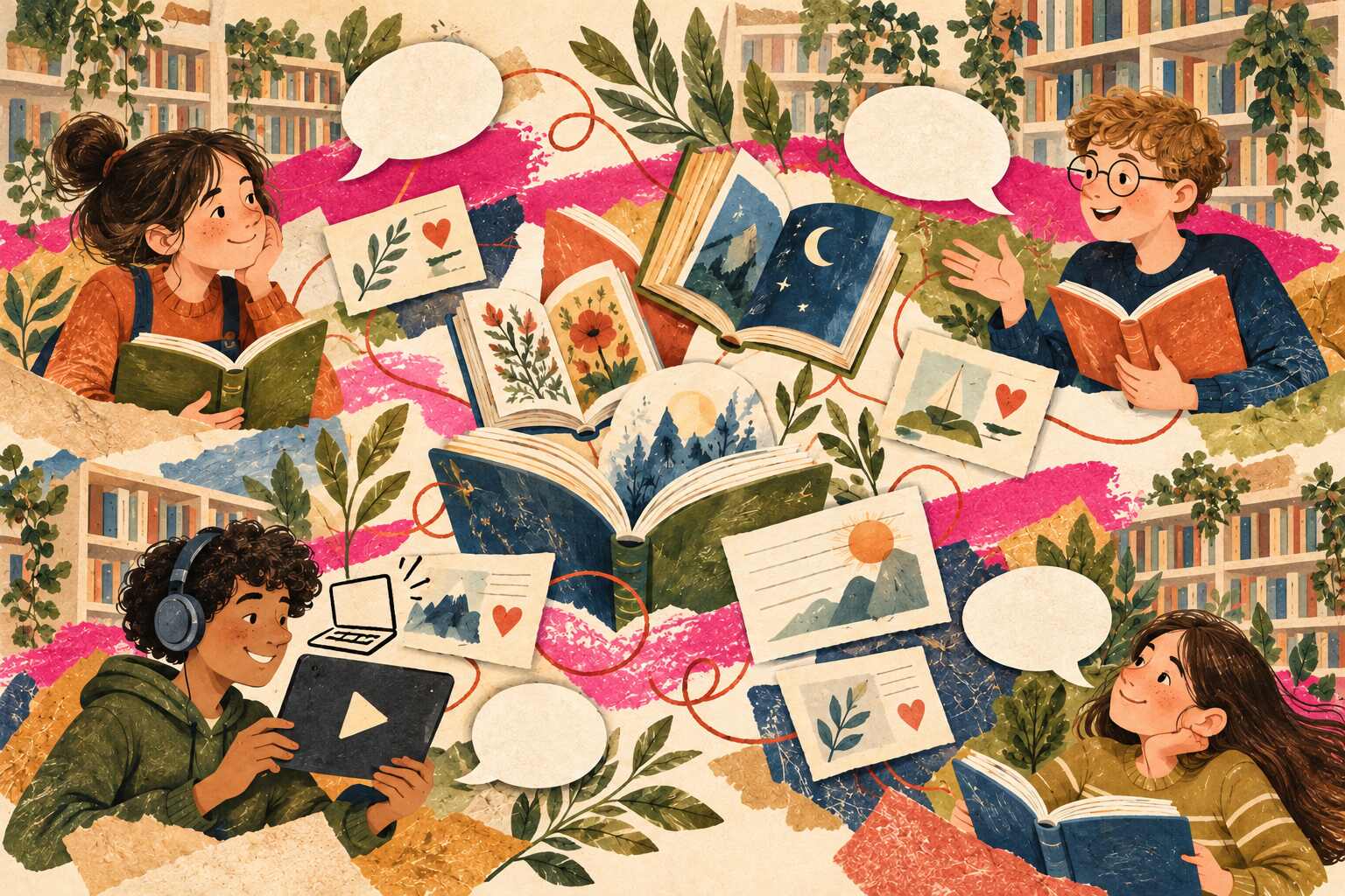 Ilustracja: uczniowie z różnych szkół dzielą się książkami, recenzjami i krótkimi filmami